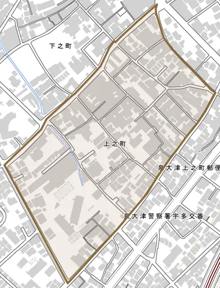 上之町とその周辺の地図。町の範囲を重ねている