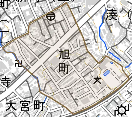 旭町とその周辺の地図。町の範囲を重ねている