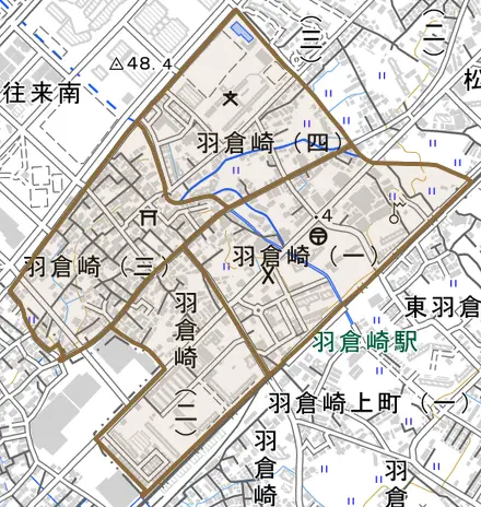 羽倉崎とその周辺の地図。町の範囲を重ねている