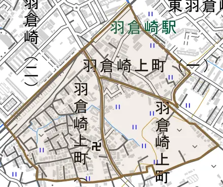 羽倉崎上町とその周辺の地図。町の範囲を重ねている