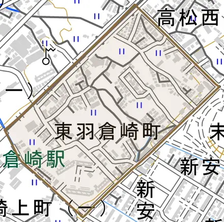 東羽倉崎町とその周辺の地図。町の範囲を重ねている