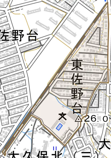 東佐野台とその周辺の地図。町の範囲を重ねている