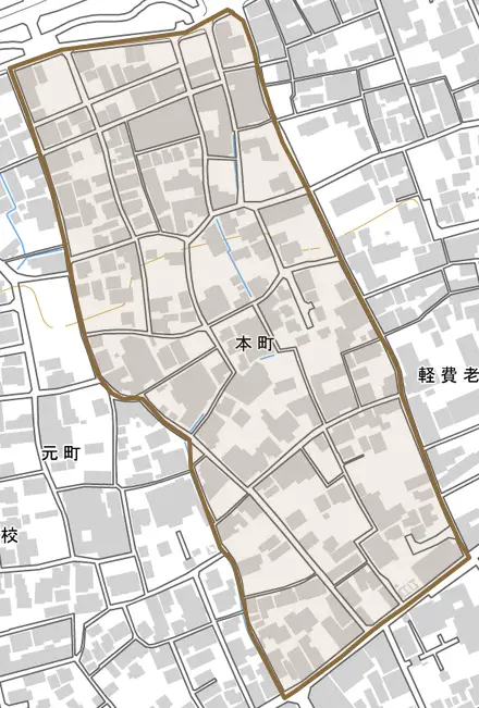 本町とその周辺の地図。町の範囲を重ねている