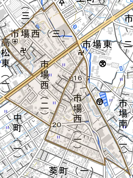 市場西とその周辺の地図。町の範囲を重ねている