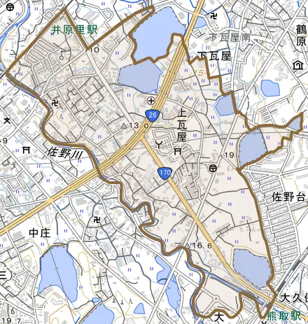 上瓦屋とその周辺の地図。町の範囲を重ねている