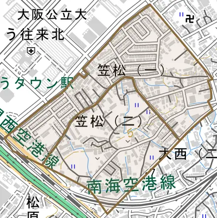 笠松とその周辺の地図。町の範囲を重ねている