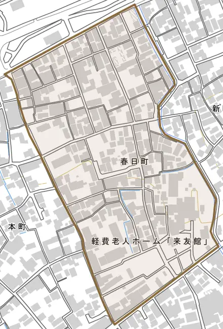 春日町とその周辺の地図。町の範囲を重ねている