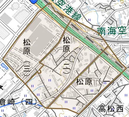 松原とその周辺の地図。町の範囲を重ねている
