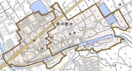 南中樫井とその周辺の地図。町の範囲を重ねている
