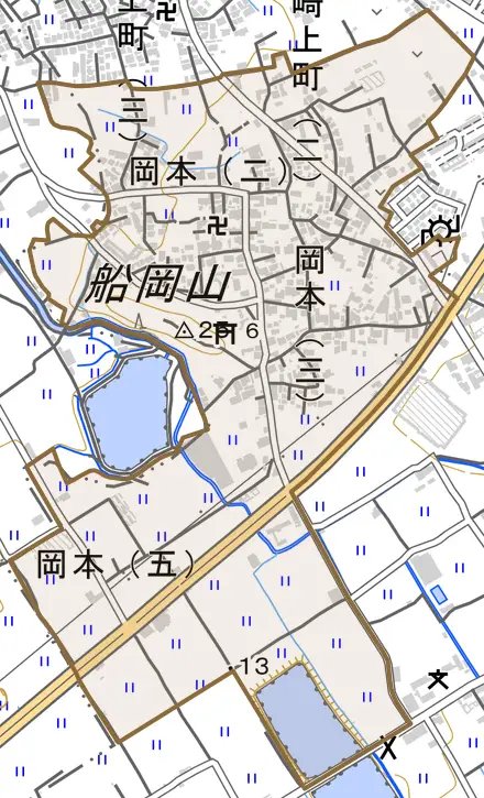 南中岡本とその周辺の地図。町の範囲を重ねている
