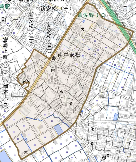 南中安松とその周辺の地図。町の範囲を重ねている