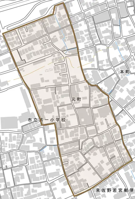 元町とその周辺の地図。町の範囲を重ねている