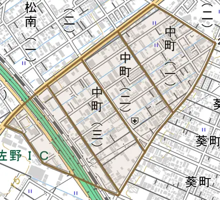 中町とその周辺の地図。町の範囲を重ねている