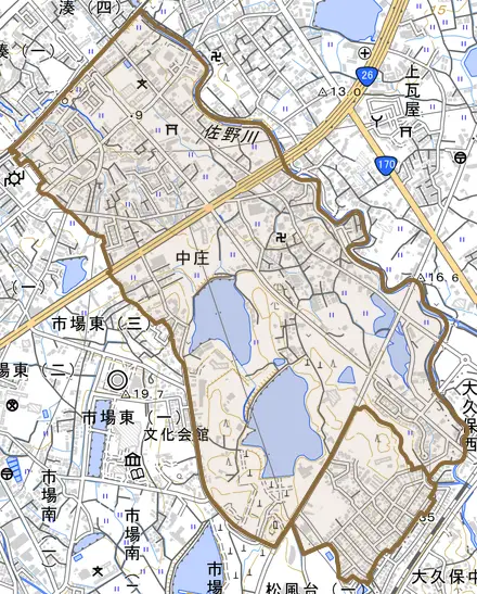 中庄とその周辺の地図。町の範囲を重ねている