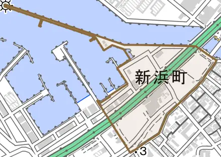 新浜町とその周辺の地図。町の範囲を重ねている