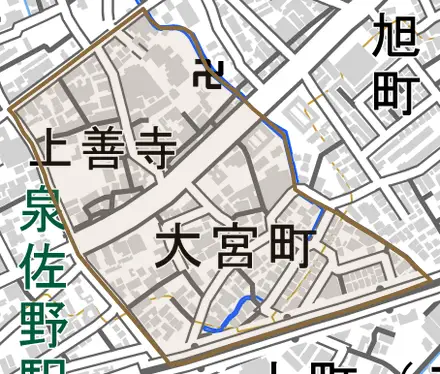 大宮町とその周辺の地図。町の範囲を重ねている
