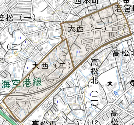 大西とその周辺の地図。町の範囲を重ねている