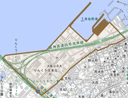 りんくう往来北とその周辺の地図。町の範囲を重ねている