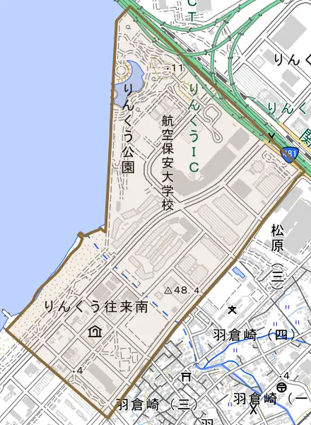 りんくう往来南とその周辺の地図。町の範囲を重ねている