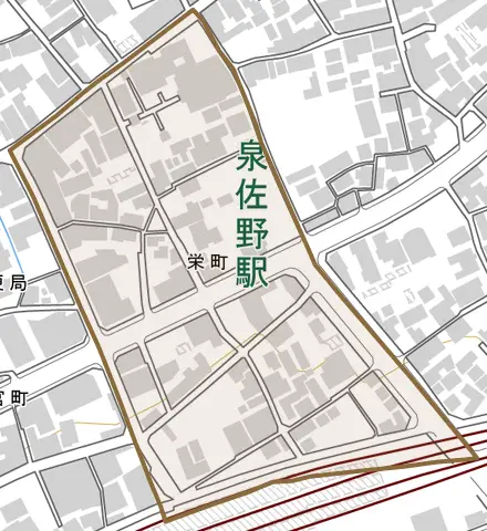 栄町とその周辺の地図。町の範囲を重ねている