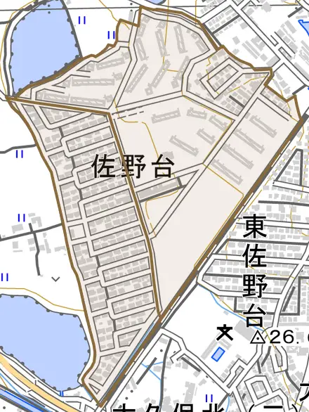 佐野台とその周辺の地図。町の範囲を重ねている