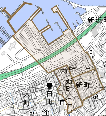 新町とその周辺の地図。町の範囲を重ねている
