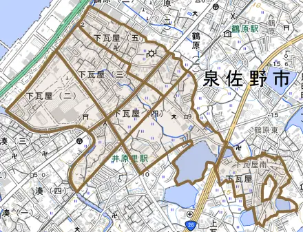 下瓦屋とその周辺の地図。町の範囲を重ねている