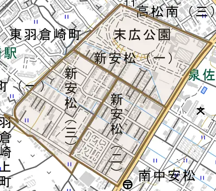 新安松とその周辺の地図。町の範囲を重ねている