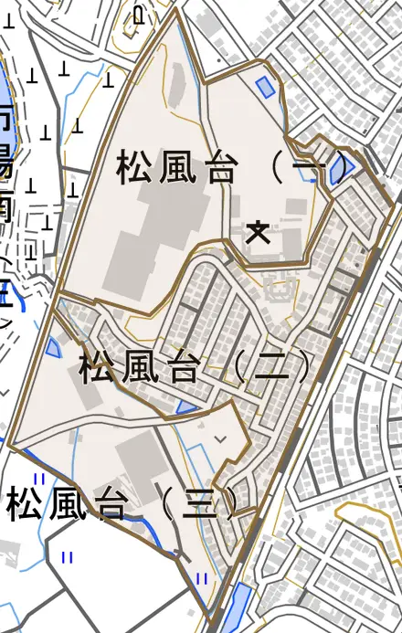 松風台とその周辺の地図。町の範囲を重ねている