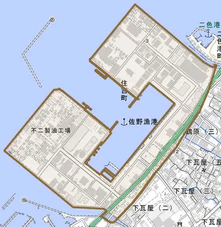 住吉町とその周辺の地図。町の範囲を重ねている
