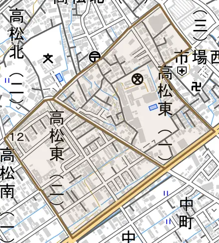 高松東とその周辺の地図。町の範囲を重ねている