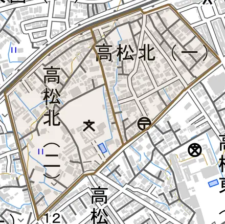 高松北とその周辺の地図。町の範囲を重ねている