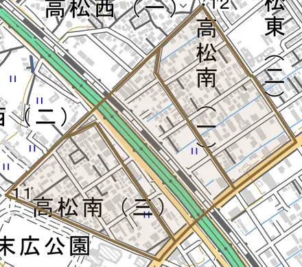 高松南とその周辺の地図。町の範囲を重ねている