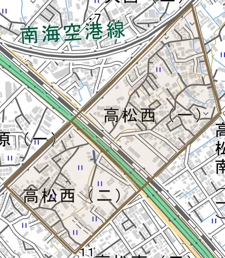 高松西とその周辺の地図。町の範囲を重ねている