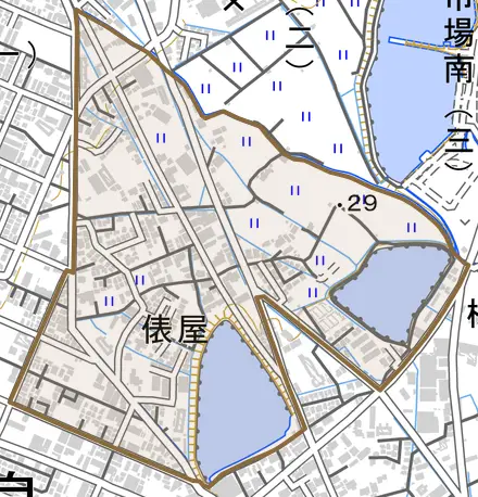 俵屋とその周辺の地図。町の範囲を重ねている