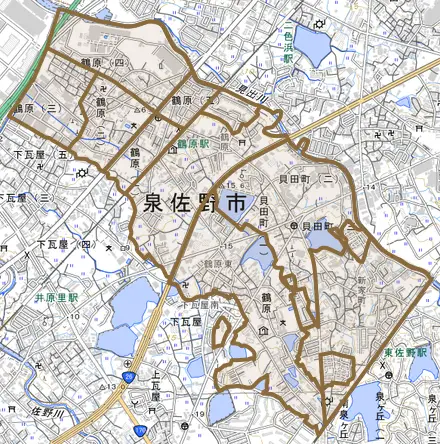 鶴原とその周辺の地図。町の範囲を重ねている