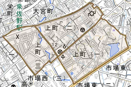 上町とその周辺の地図。町の範囲を重ねている