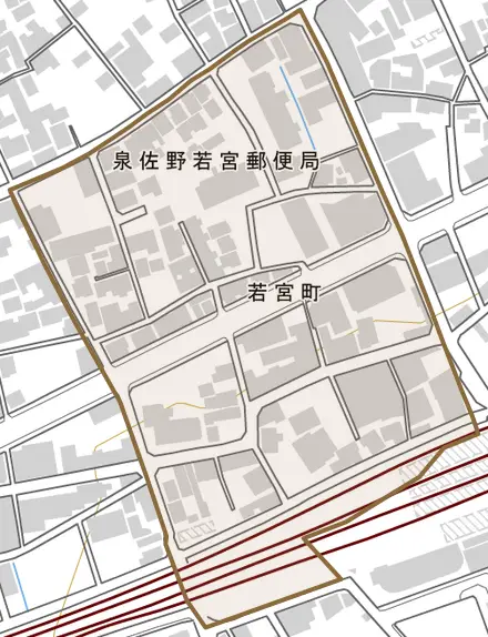 若宮町とその周辺の地図。町の範囲を重ねている