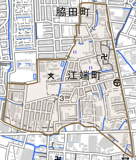 江端町とその周辺の地図。町の範囲を重ねている