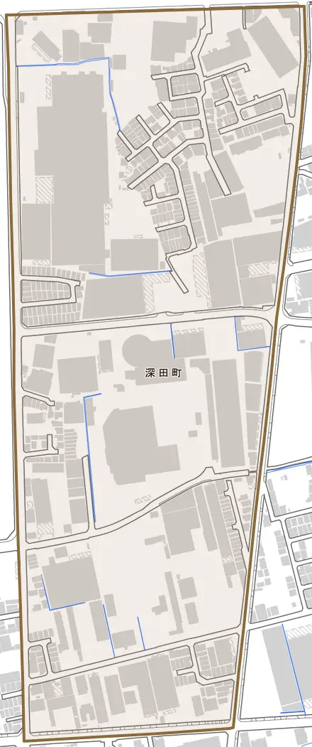 深田町とその周辺の地図。町の範囲を重ねている
