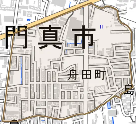 舟田町とその周辺の地図。町の範囲を重ねている
