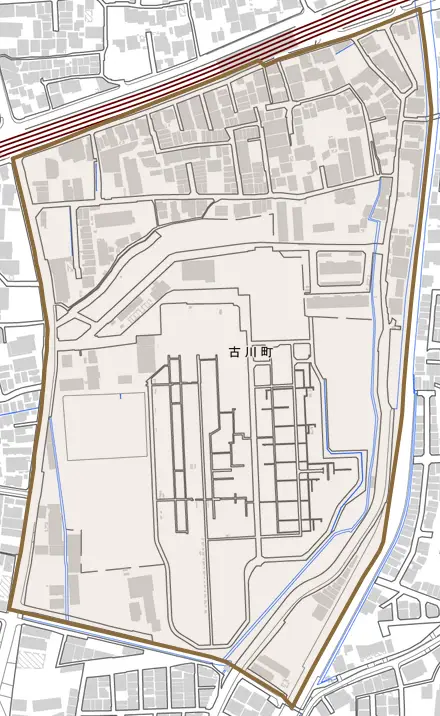 古川町とその周辺の地図。町の範囲を重ねている