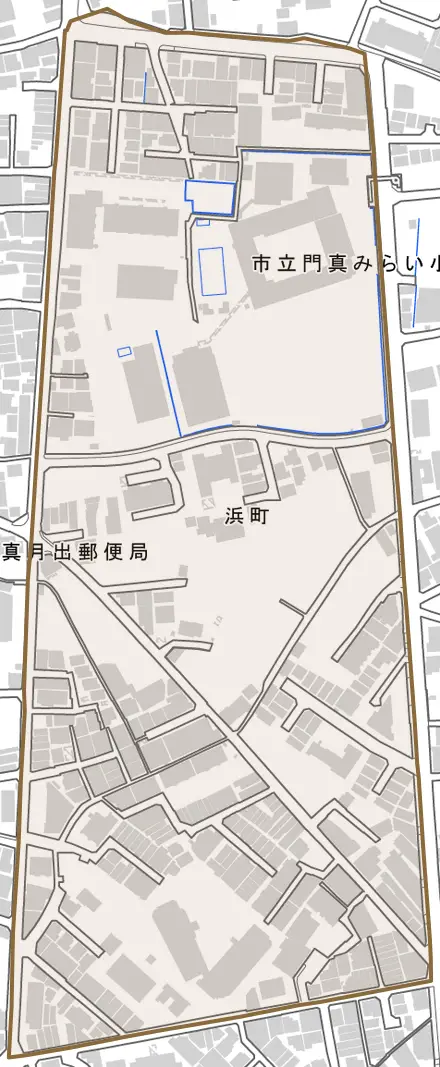 浜町とその周辺の地図。町の範囲を重ねている