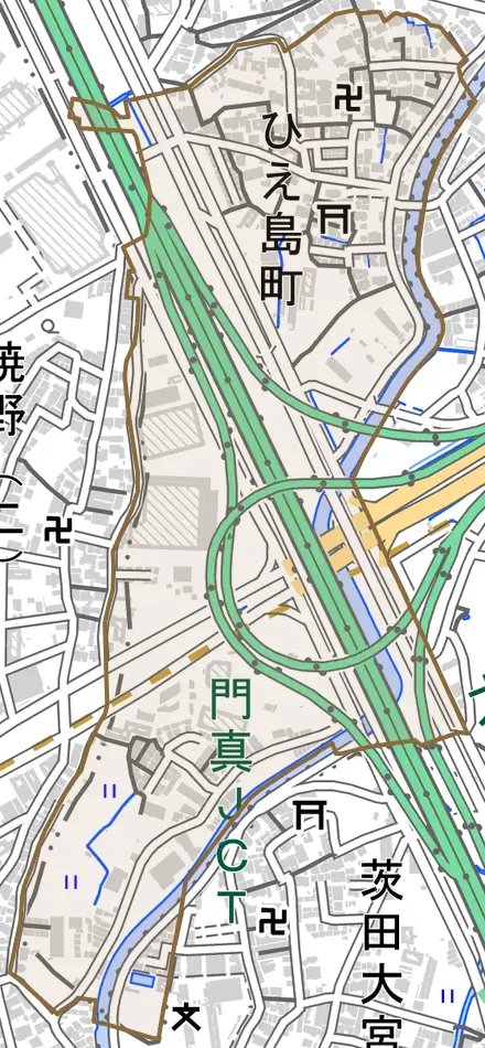 ひえ島町とその周辺の地図。町の範囲を重ねている