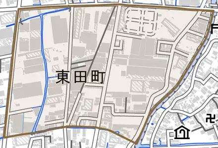 東田町とその周辺の地図。町の範囲を重ねている