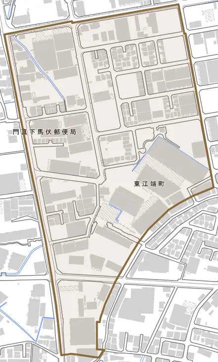 東江端町とその周辺の地図。町の範囲を重ねている