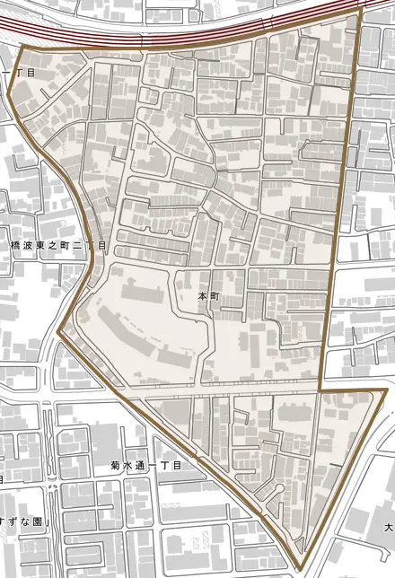 本町とその周辺の地図。町の範囲を重ねている