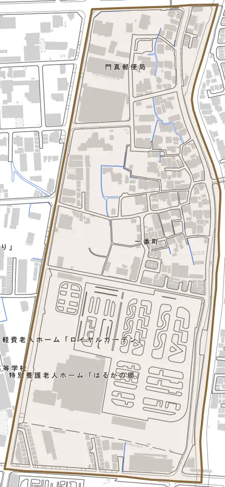 一番町とその周辺の地図。町の範囲を重ねている
