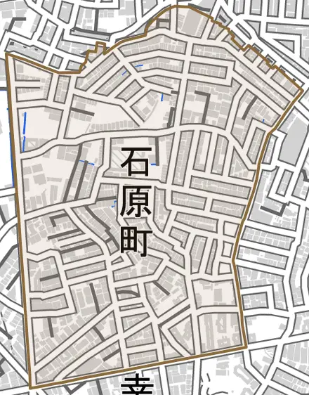 石原町とその周辺の地図。町の範囲を重ねている