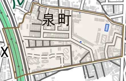 泉町とその周辺の地図。町の範囲を重ねている